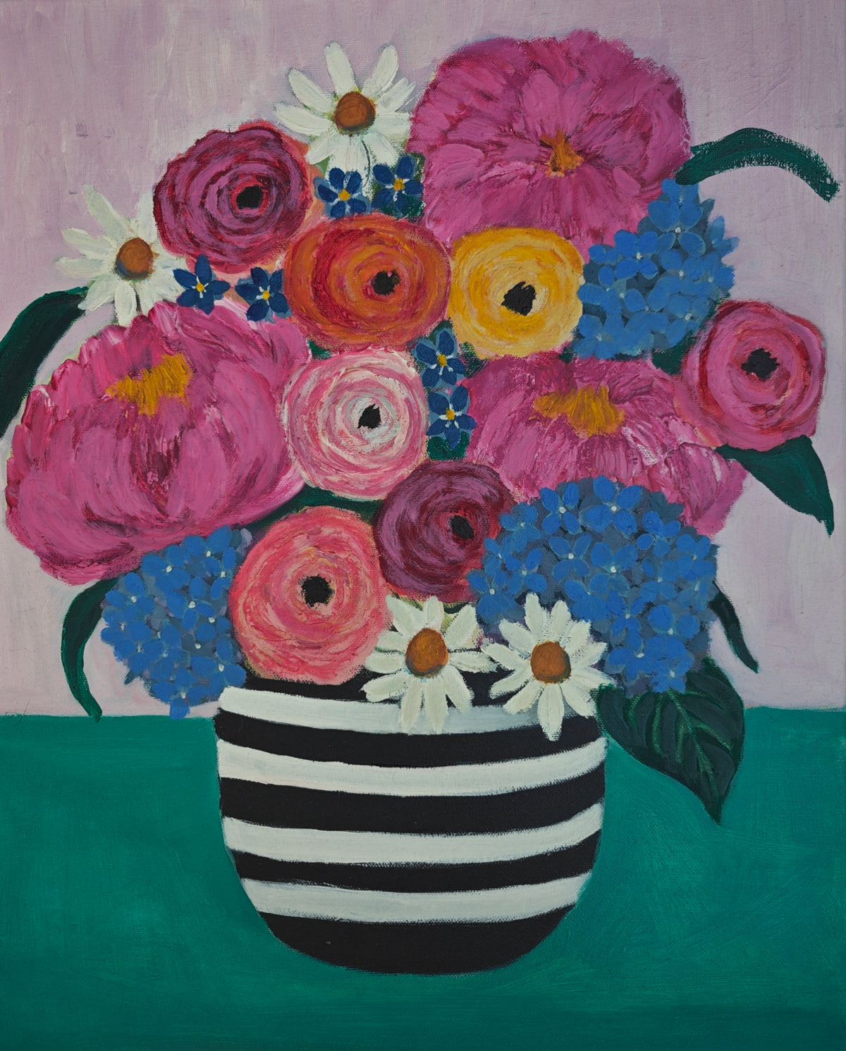 Stripes & Blooms | Original Mixed Media Floral Painting by Katie Shapiro Art