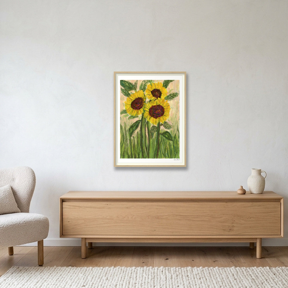 Golden Sunflower Trio | Fine Art Print by Katie Shapiro Art — 60×80cm, 24×31" Oak Frame