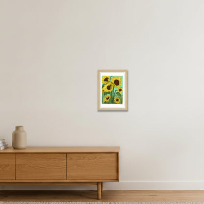 Dancing Sunflowers | Fine Art Print by Katie Shapiro Art — A4 (21×30cm, 8×12") Oak Frame