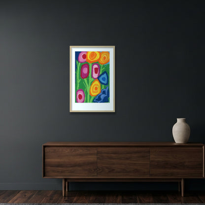 "Bloom Proud" | Bold Color-Block Floral Fine Art Print — 40×60cm, 16×24" Oak Frame