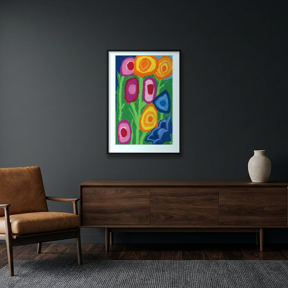 "Bloom Proud" | Bold Color-Block Floral Fine Art Print — 70×100cm, 28×39" Black Frame