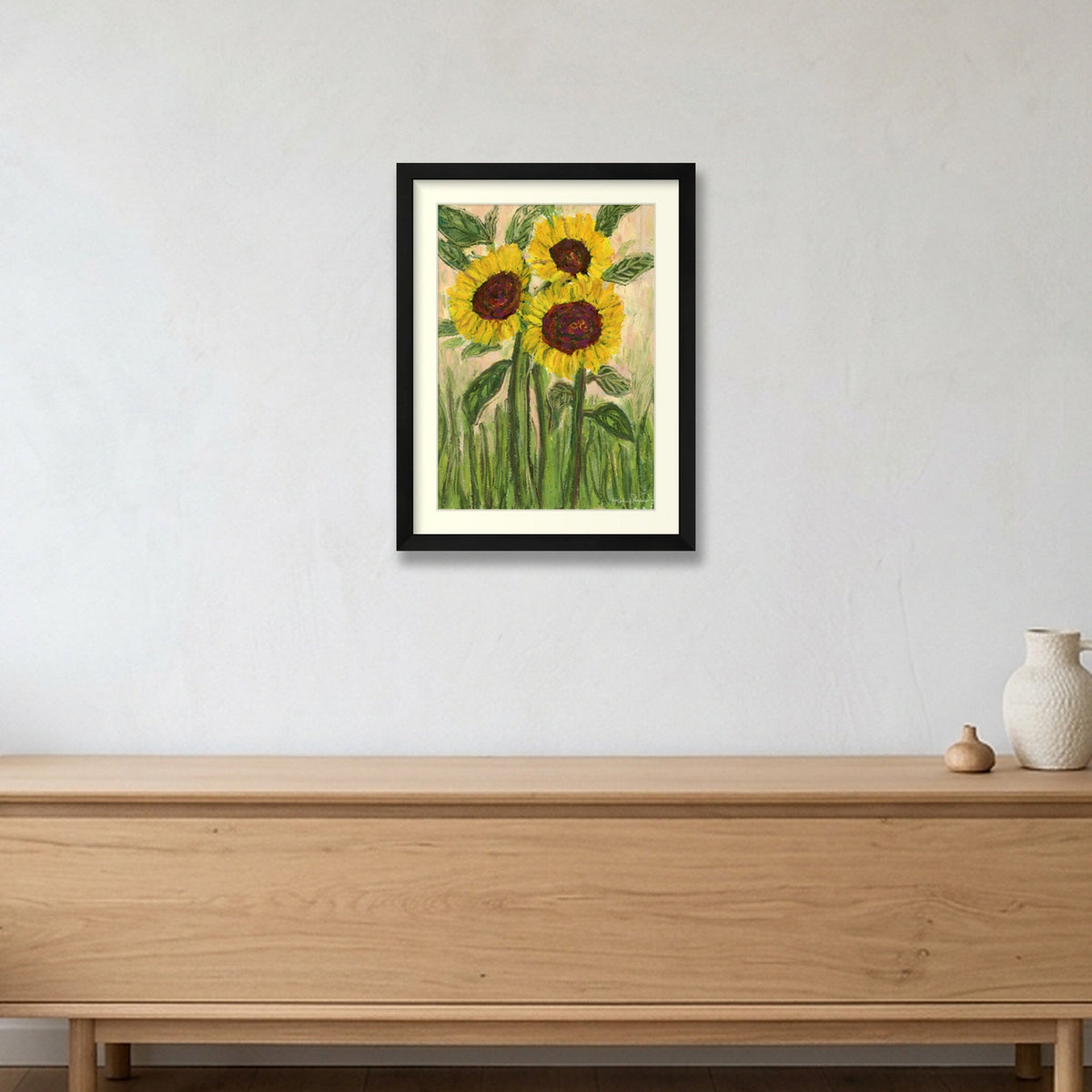 Golden Sunflower Trio | Fine Art Print by Katie Shapiro Art — 30×40cm, 12×16" Black Frame