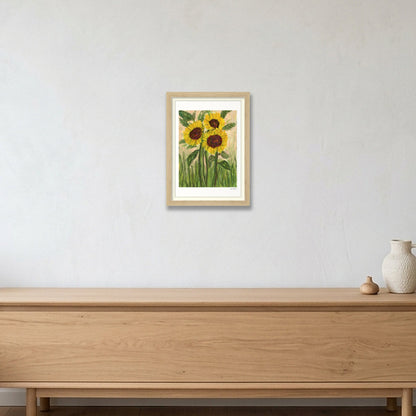 Golden Sunflower Trio | Fine Art Print by Katie Shapiro Art — A4 (21×30cm, 8×12") Oak Frame