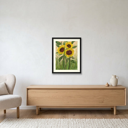 Golden Sunflower Trio | Fine Art Print by Katie Shapiro Art — 40×50cm, 16×20" Black Frame